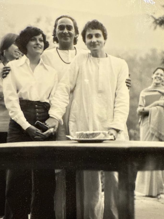 An old black and white picture of the Rechelbachers with the Swami Rama.