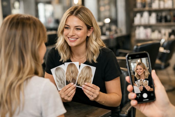 An eager young colorist holds three blond inspiration images in front of a client while someone records her giving a color consultation.