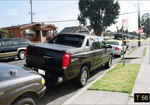 Officer Young first spotted Barrientos from this view on Auseon Avenue near this Chevy Avalanche truck. Photo: Alameda County D.A.