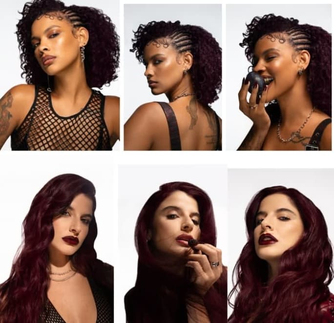 Two models with cherry cola red hair, one with curls and braids, the other with long wavy hair.