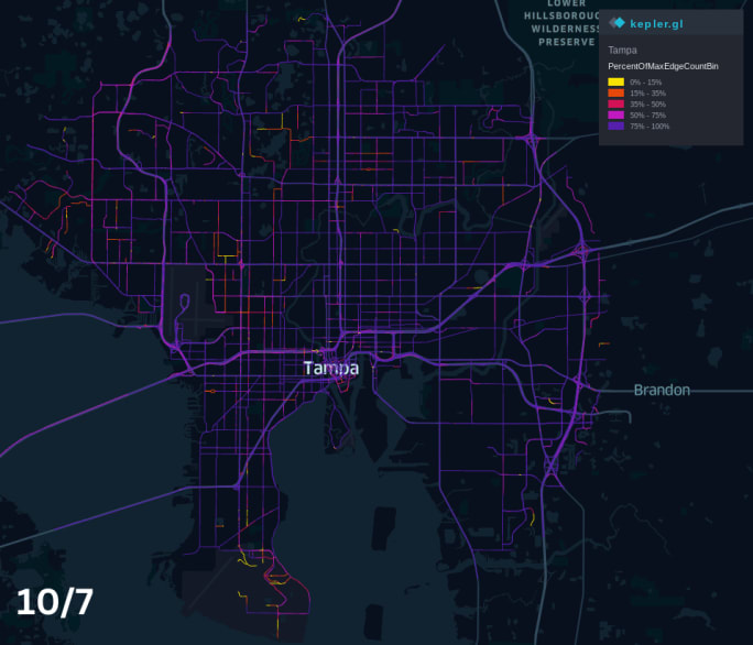 A map of Tampa, FL on October 7, 2024, showing heavy vehicle volumes.