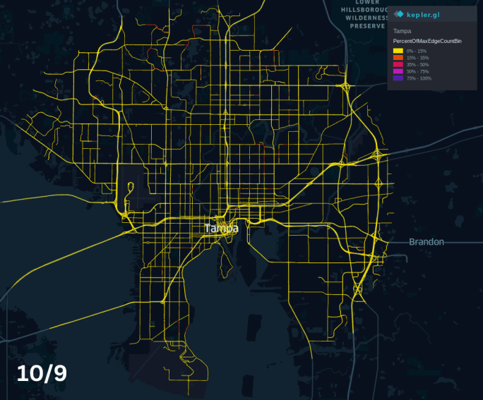 A map of Tampa, FL on October 9, 2024, showing 0%-15% vehicle volumes.
