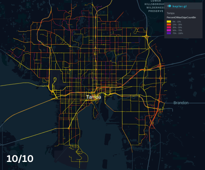 A map of Tampa, FL on October 10, 2024, showing 0%-35% vehicle volumes.