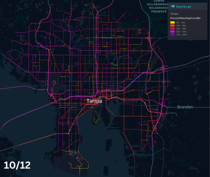 A map of Tampa, FL on October 12, 2024, showing 50%-100% vehicle volumes.