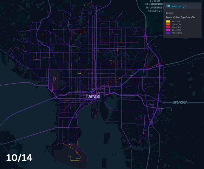 A map of Tampa, FL on October 14, 2024, showing vehicle volumes returning to normal volumes prior to October 7.