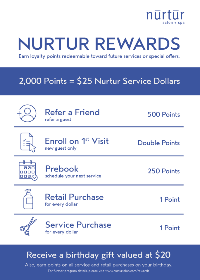 Loyalty program graphic outlining points earned for referrals, prebooking, retail, and services, illustrating how rewards programs drive repeat salon visits.