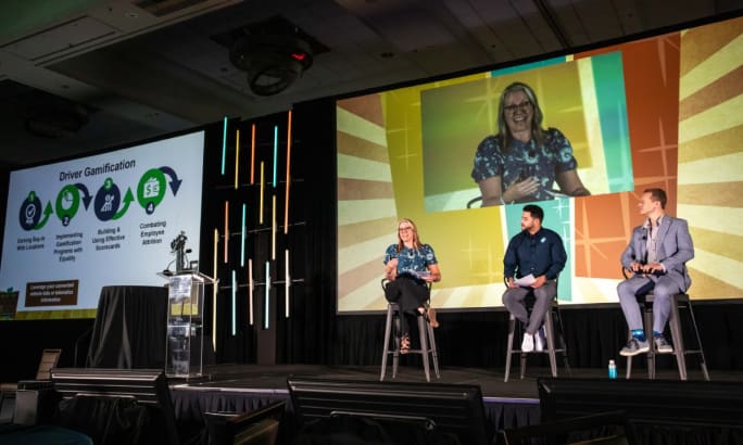 Theresa Belding presenting on stage with screen behind her and the panel.