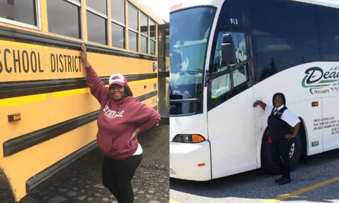 Jackie Wilkerson Brown poses in front of a Dean Transportation motorcoach.