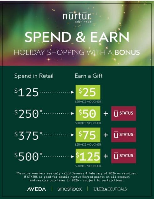 Spend and Earn holiday promotion showing tiered retail rewards and service vouchers, designed to increase retention, retail sales, and repeat bookings.