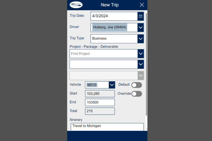 An in-house trip reporting app from Stanley Consultants includes data fields like the trip type, project, and starting and ending mileage.