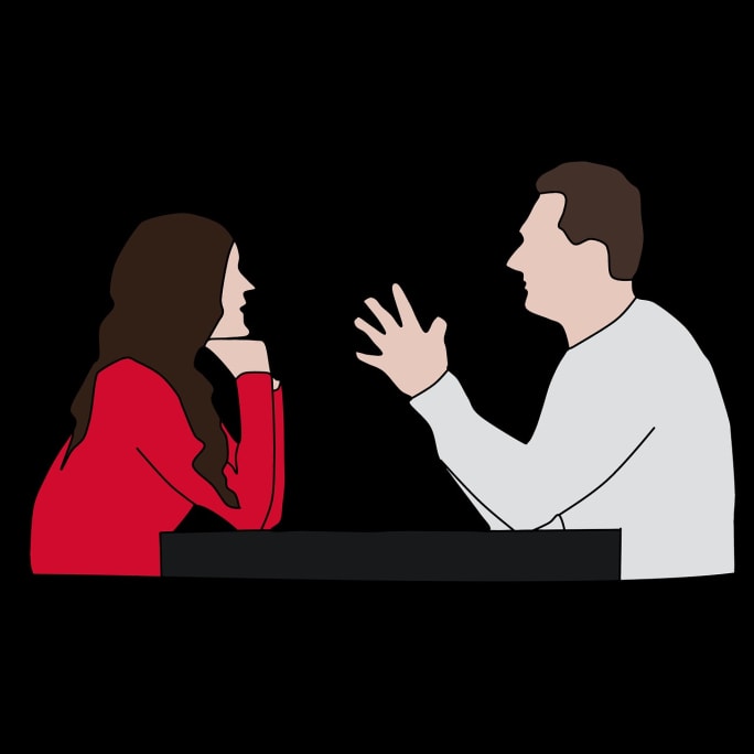 A graphic of a man and woman across a table having a discussion