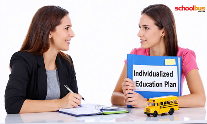 An image of two people engaged in conversation at a desk, with one holding a notebook labeled 
