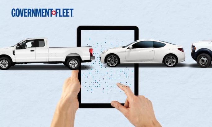 a graphic of a tablet with city vehicles.
