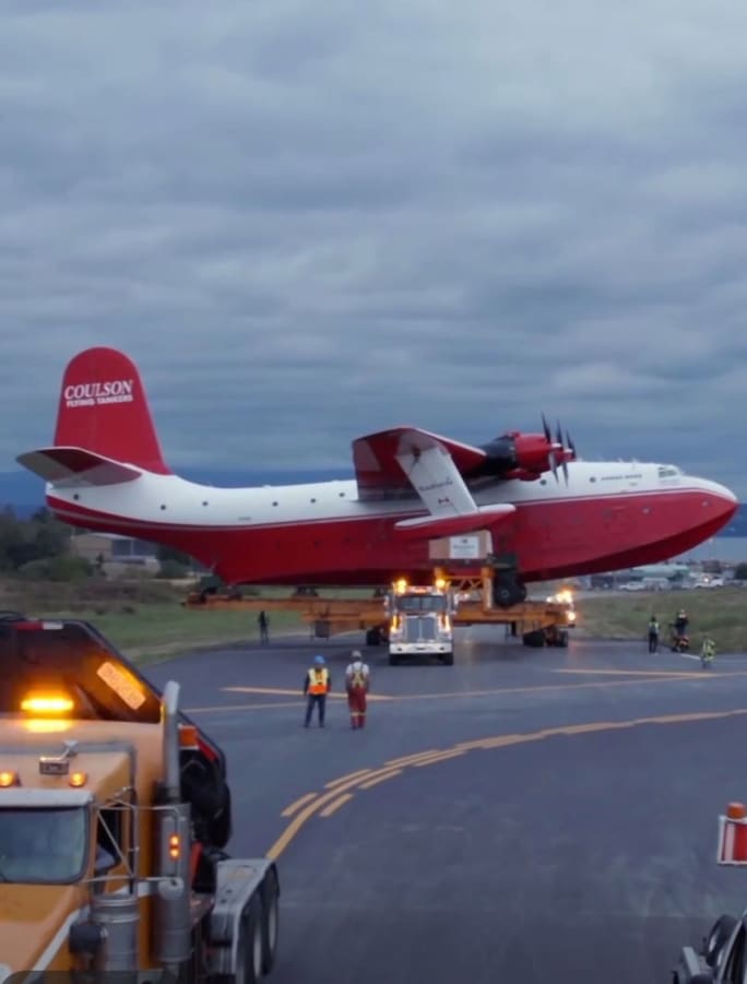 Western Star truck hauling a World War II Martin Mars bomber.