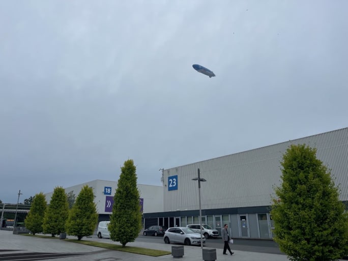 Zeppelin over the Hannover, Germany, convention center.