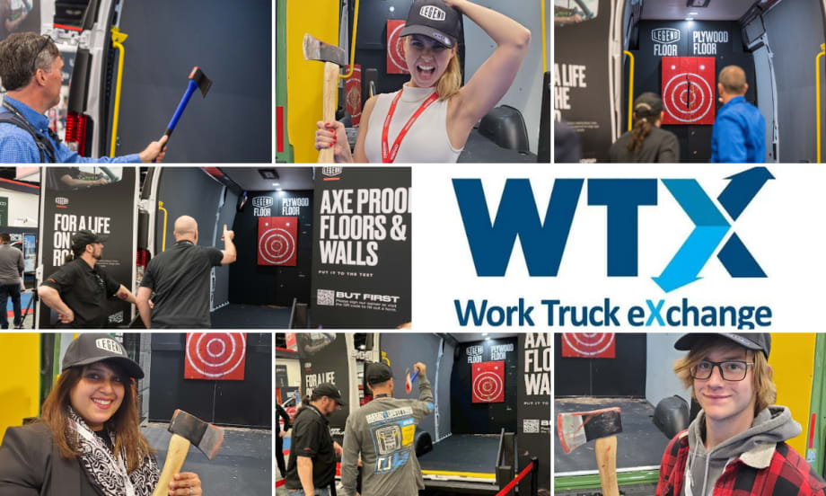 Attendees participate in LEGEND’s axe-throwing van experience at Work Truck Exchange as part of the event’s networking and entertainment activities.