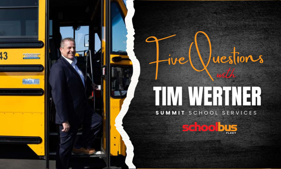 a man boards a school bus, with text next to him that reads "Five Questions with Tim Wertner, Summuit School Services"