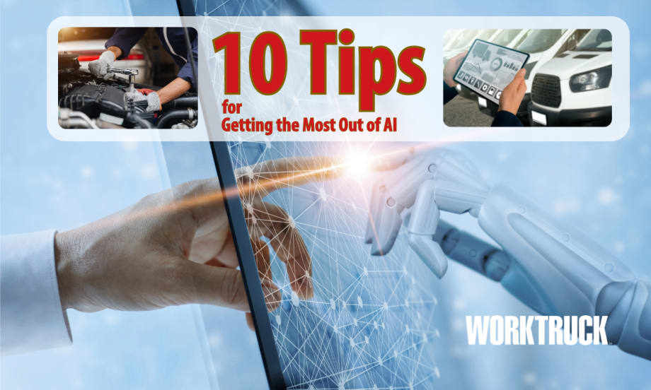 Illustration of AI - Human hand reaching out and touching a robotic computer hand, with text for 10 TIps for Getting the Most Out of AI and two inset trucking photos.
