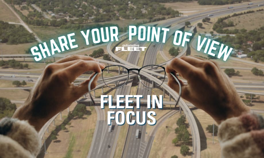 An aerial view of highway roads with hands in the foreground holding up glasses. Text reads "Share Your Point of View. Fleet in Focus".
