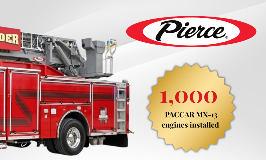 Pierce fire truck with aerial ladder alongside graphic noting 1,000 PACCAR MX-13 engines installed, marking a milestone in fire apparatus production.