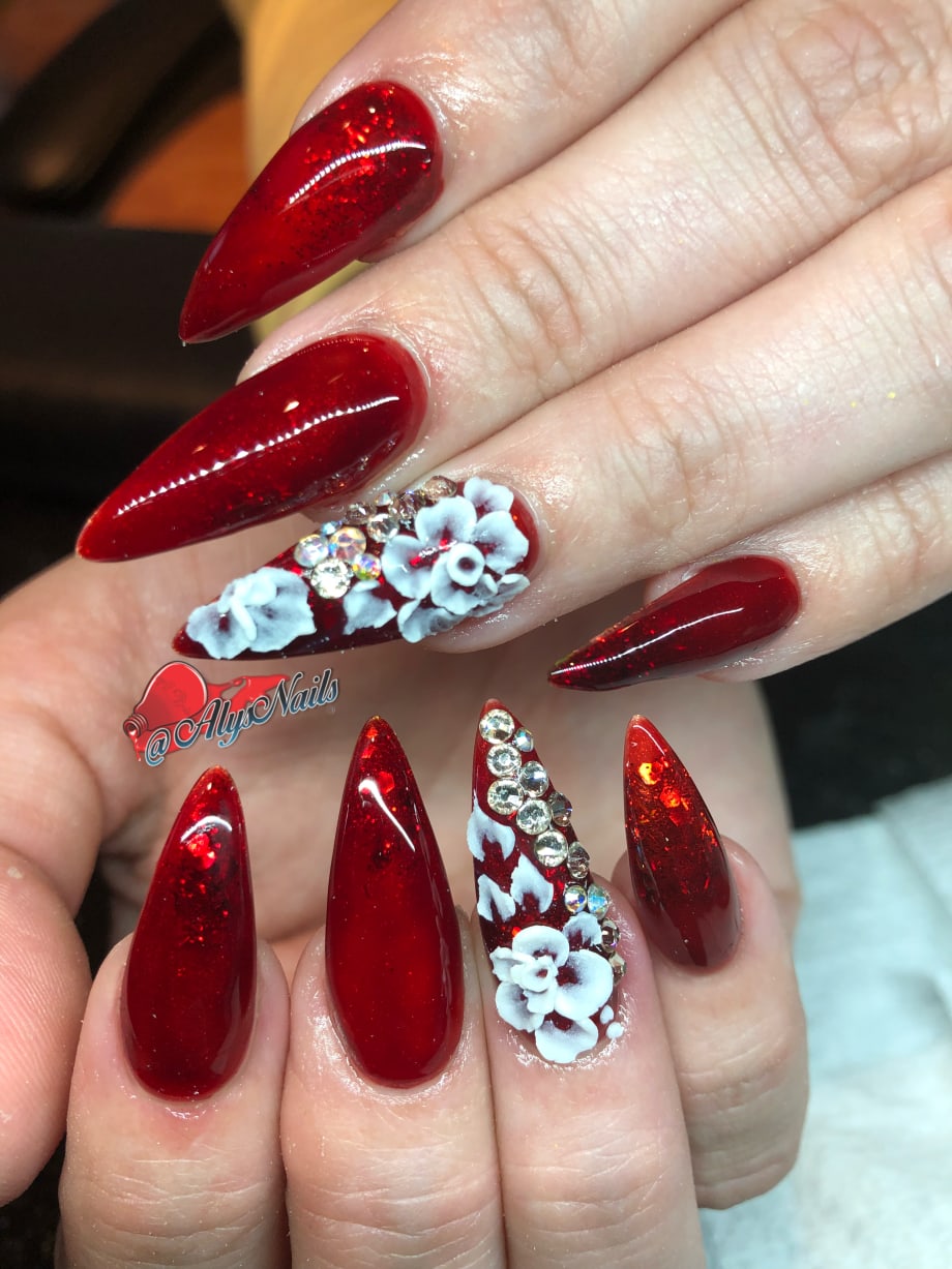 Day 144: Candy Apple Red and White Flower Nail Art