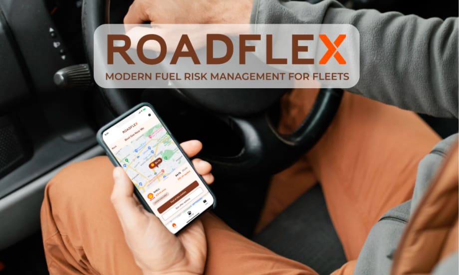 Man in driver's seat of vehicle holding a cell phone with screen displaying a fuel purchasing app, and RoadFlex logo in upper portion of main image.