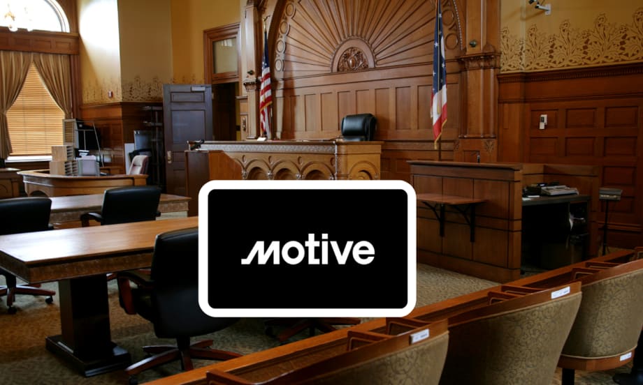 Courtroom setting with inset logo for Motive.