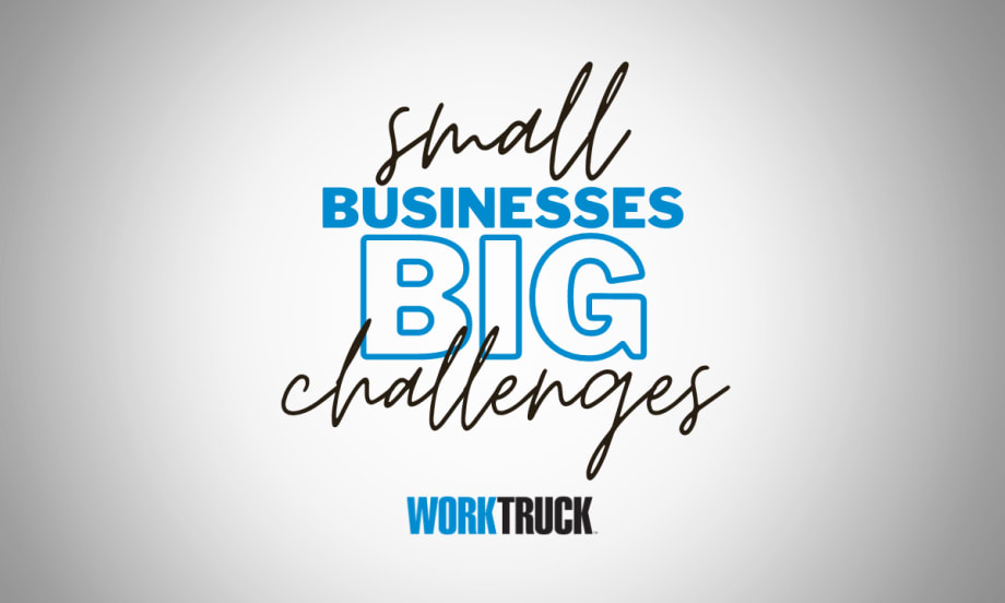 Large font with small business big challenges, work truck.