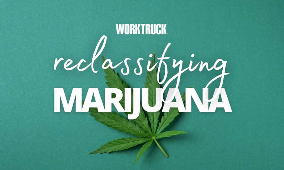 Image of marijuana leaves with "reclassifying marijuana" in print