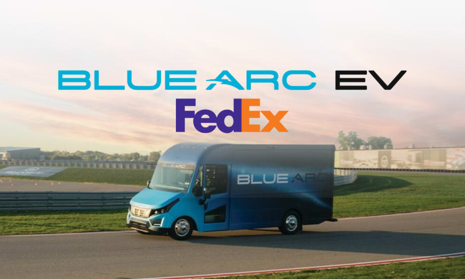 A Blue Arc EV van on a road with FedEx and Blue Arc EV logos