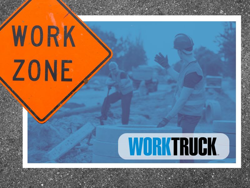 Collage of photos showing an orange work zone sign and roadside workers in another image.