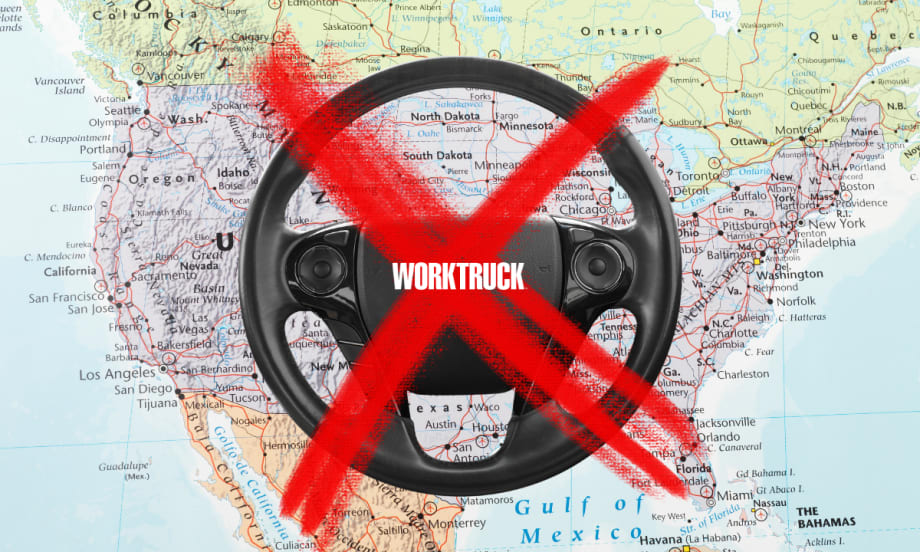 A map of the U.S. with a steering wheel and a red X over the steering wheel