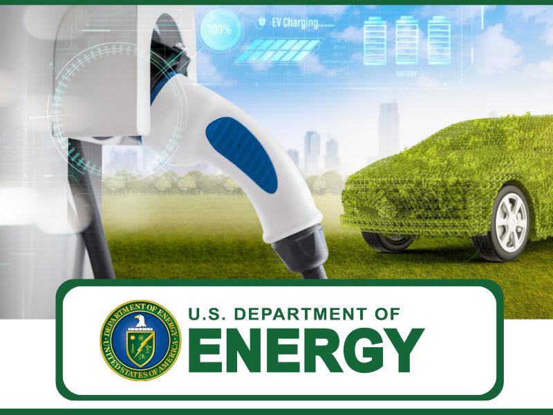 Image of electric vehicle charger, a car covered in leaves, and Department of Energy logo at the bottom.