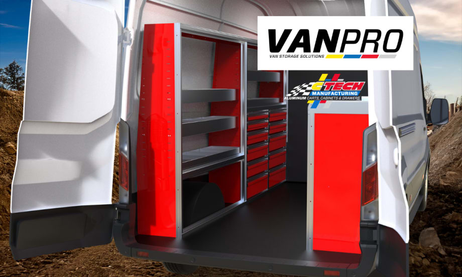 Image of rear doors of work van open and view of red shelving inside.