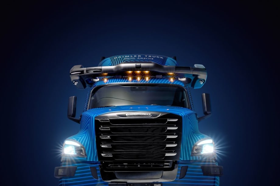 Front view of new autonomous  battery electric Freightliner eCascadia
