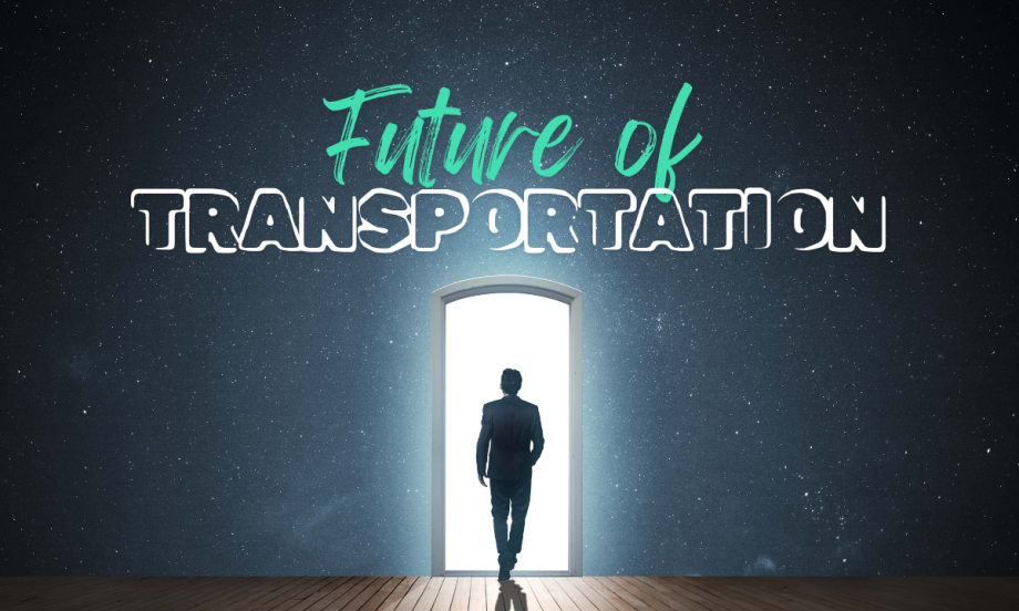 Starry wall with open door and man walking through under words that say Future of Transportation.