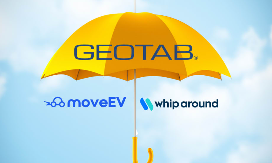 Yellow umbrella on sky background with Geotab on umbrella and MoveEV and Whip Around below.