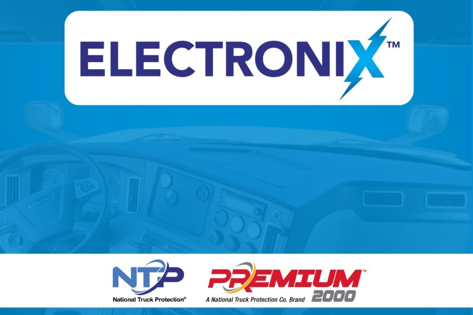 Electronix logo up top against a white background, with image of a truck cab as the background image and NTL and Premium 2000 logos at the bottom.