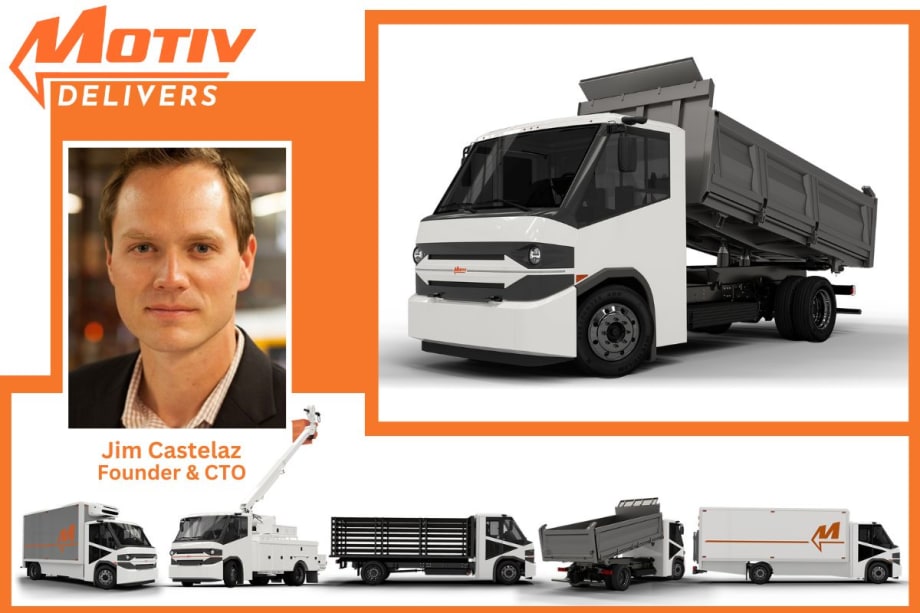 A collage of white battery-electric trucks is shown, with inset photo of the company's founder.