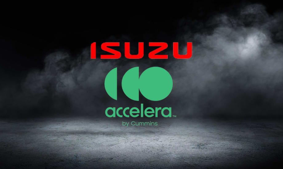 Black smoky background with Isuzu and Accelera logos