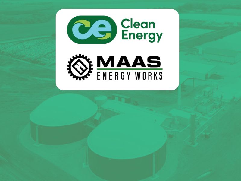 a tinted green image of a dairy farm with tanks is the background, with two company logos against a while background in front.