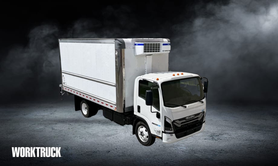 A white electric Isuzu NRR EV with Thermo King e300 reefer