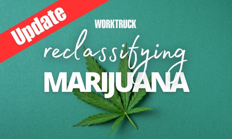green background with marijuana leaf and white lettering that says Work Truck, reclassifying marijuana. There is a red diagonal stripe top left with letters that say update