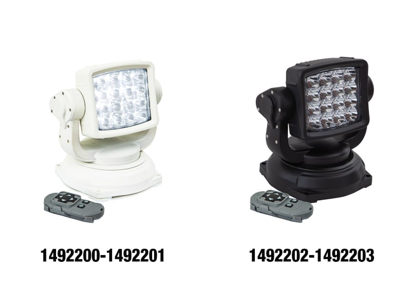 Image of two mounted spotlights, one white and one black, with each having a wireless remote.