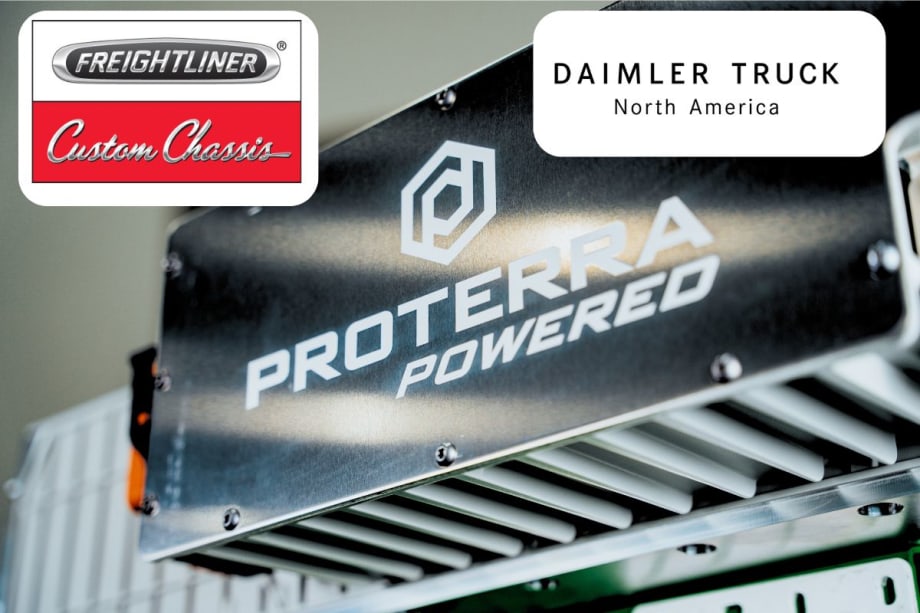 A photo of a Proterra Powered battery and logos from Daimler Truck North America and Freightliner Custom Chassis.