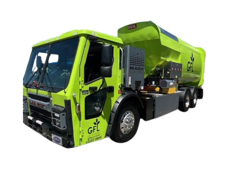 Green electric refuse truck with side loader.