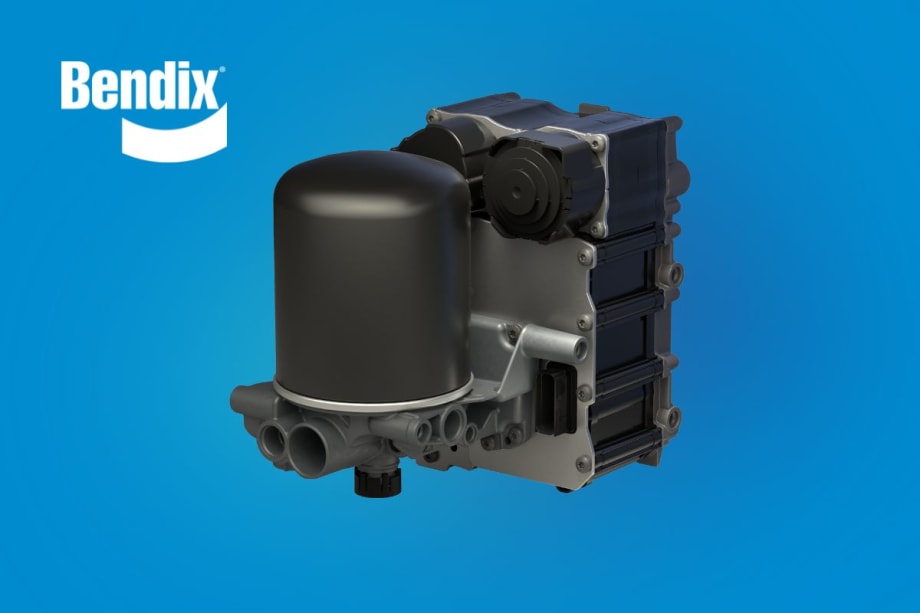 Blue background with white Bendix logo upper left, and dark gray piece of machinery in the middle.