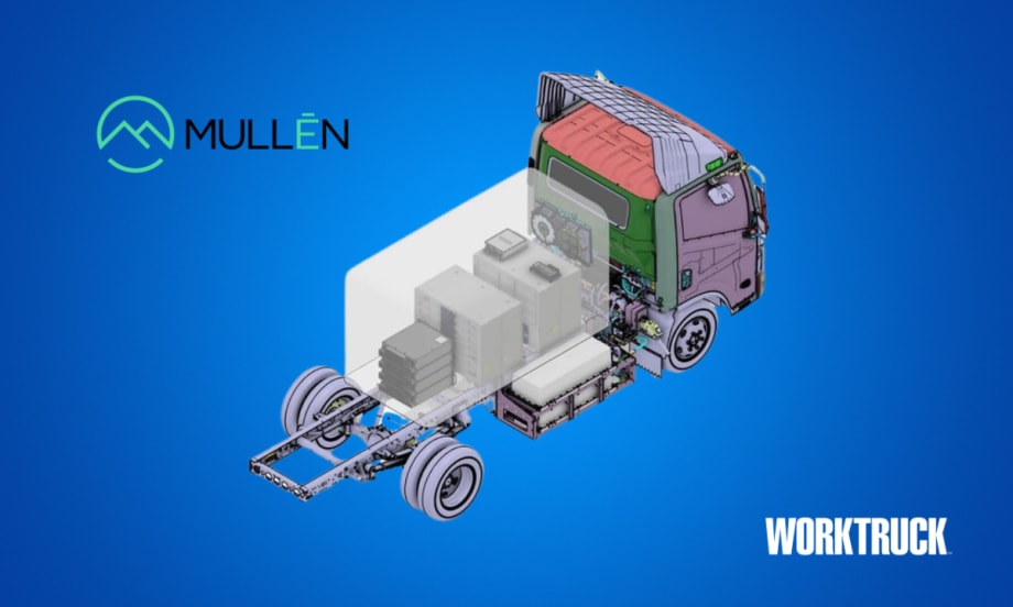 Mullen power UP all-electric mobile EV charging truck illustration on blue background