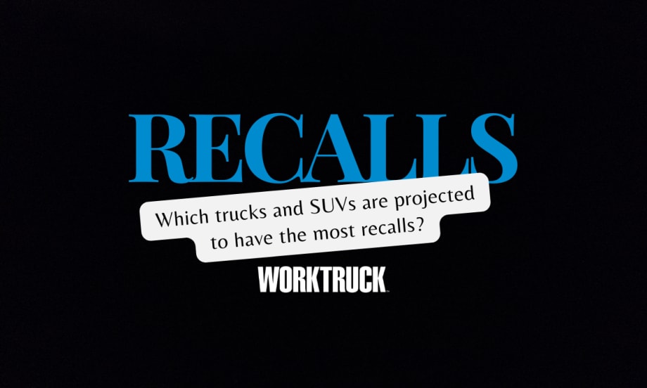 Black background with blue Recalls and question, "which trucks and SUVs are projected to have the most recalls?"