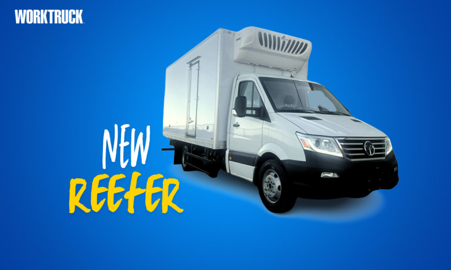 The New REEFERX all-electric reefer truck from GreenPower in white on a blue background.